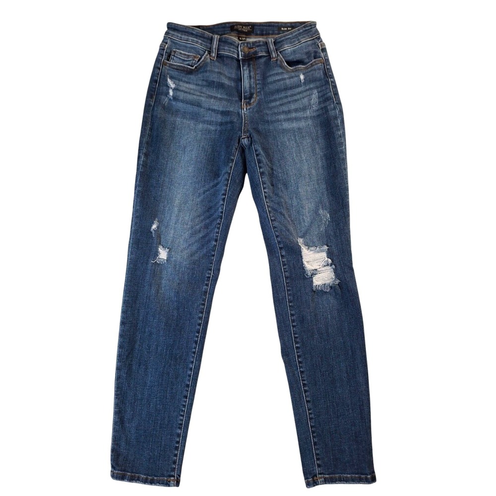 Judy Blue Slim Fit Jeans Womens Size 5/27 Blue Denim Mid Rise Stretch Distressed